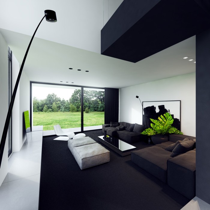 Minimalist living room design rooms black white tv interior furniture sofa wall designs simplicity gorgeously substance find visualizer artstudio walls